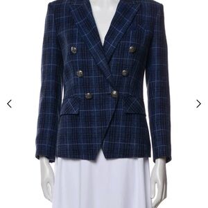 Veronica Beard Navy Blue Plaid Wool Double-Breasted Blazer